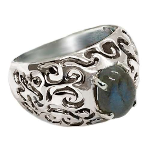 Indonesian Bali -Java  Earth Mined Unheated Blue Fire Labradorite, CZ  Solid .925 S/ Silver Size 8.5