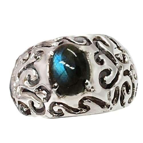 Indonesian Bali -Java  Earth Mined Unheated Blue Fire Labradorite, CZ  Solid .925 S/ Silver Size 8.5