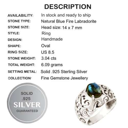 Indonesian Bali -Java  Earth Mined Unheated Blue Fire Labradorite, CZ  Solid .925 S/ Silver Size 8.5