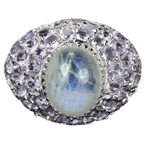3.22 cts Natural Rainbow Moonstone, Purple Amethyst Solid .925 Silver Ring Size 8.5 or Q1/2