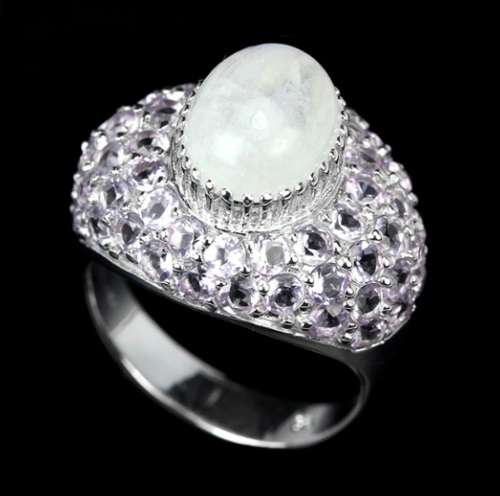 3.22 cts Natural Rainbow Moonstone, Purple Amethyst Solid .925 Silver Ring Size 8.5 or Q1/2