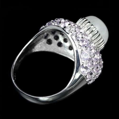 3.22 cts Natural Rainbow Moonstone, Purple Amethyst Solid .925 Silver Ring Size 8.5 or Q1/2