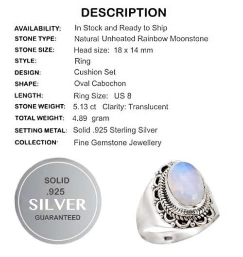 5.13 cts Natural Rainbow Moonstone Solid .925 Sterling Silver Ring Size US 8 or Q