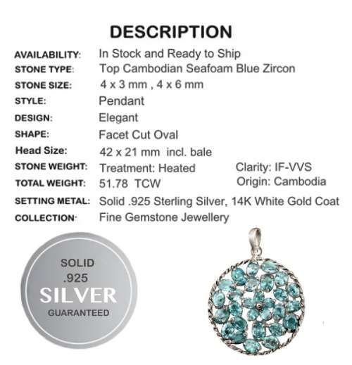 Deluxe Cambodian Seafoam Blue Zircon set in Solid 925 Sterling Silver 14K White Gold Fine Pendant