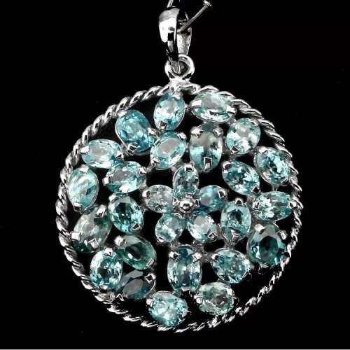 Deluxe Cambodian Seafoam Blue Zircon set in Solid 925 Sterling Silver 14K White Gold Fine Pendant