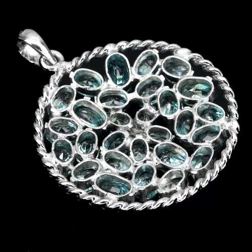 Deluxe Cambodian Seafoam Blue Zircon set in Solid 925 Sterling Silver 14K White Gold Fine Pendant