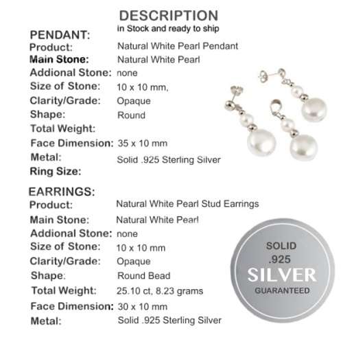 25.10 cts White Pearl set in Solid .925 Sterling Silver Earrings and Pendant Set
