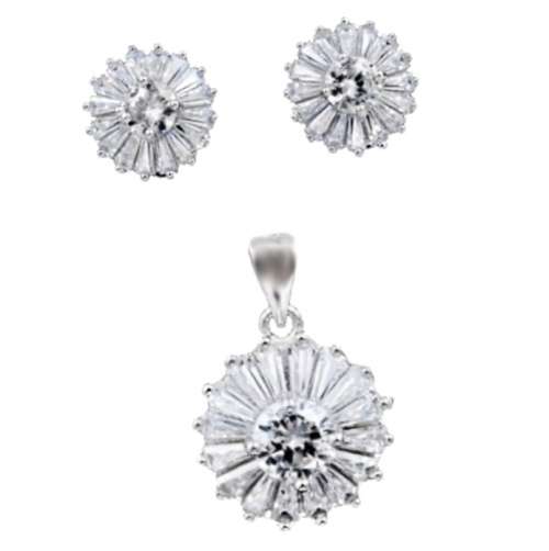 White Cubic Zirconia Tapered Baguettes set in Solid .925 Sterling Silver Pendant and Earrings Set