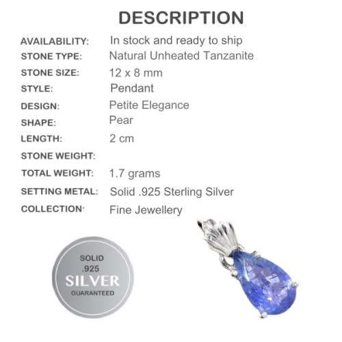 Natural Unheated Tanzanite Pear Shape Gemstone set in Solid .925 Sterling Silver Pendant
