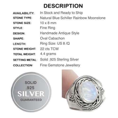 Natural Blue Schiller Rainbow Moonstone Solid .925 Sterling Silver Ring Size US 8 or Q