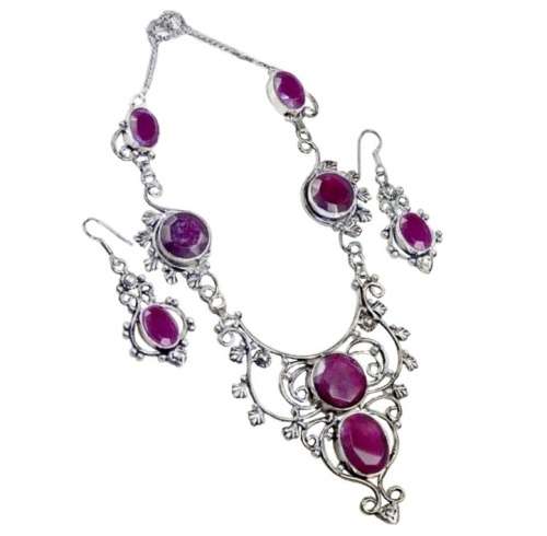 Indian Ruby Gemstone .925 Sterling Silver Necklace and Earrings Set