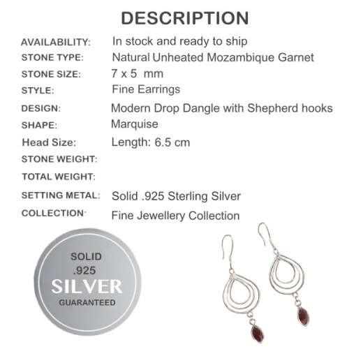 Natural Deep Red Mozambique  set in Solid .925 Sterling Silver Modern Drop Dangle Earrings