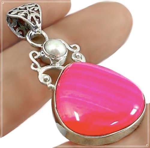 Natural Pink Botswana Agate Pear Shape White Pearl set in Solid .925 Sterling Silver Pendant