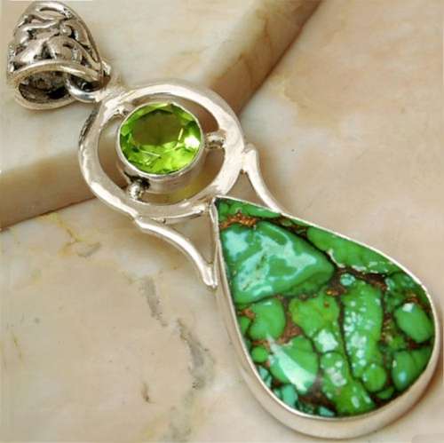 Natural Copper Green Turquoise and Peridot set in Solid 925  Sterling Silver Pendant