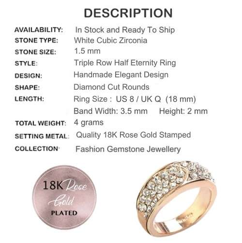 Triple Row of Sparkly White Cubic Zirconia 18k Rose Gold Plated Cocktail Ring Size Us 7.5 or UK P