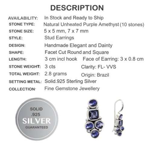 Natural Purple Amethyst Gemstones set in Solid .925 Sterling Silver Dainty Elegant Earrings