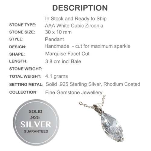 Elegant High Sparkle Marquise Shape White Zirconia set in Solid .925 Sterling Silver Pendant