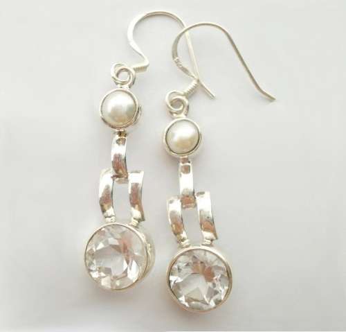 Natural White Topaz and White Pearl  set in Solid 925 Sterling Silver Earrings