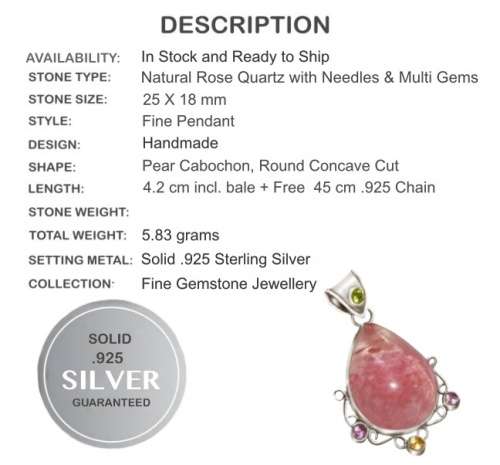 Genuine Rose Quartz with Needles and Mixed Gems in Solid .925 Sterling Silver + Free Chain
