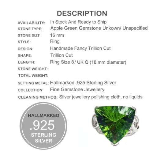 Trillion Cut Apple Green Gemstone Ring set in Solid .925 Sterling Silver Size 8 / Q