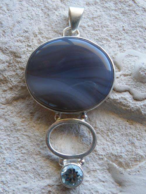 Natural Blue Botswana Agate and Blue Topaz Gemstone in Solid 925 Silver Pendant