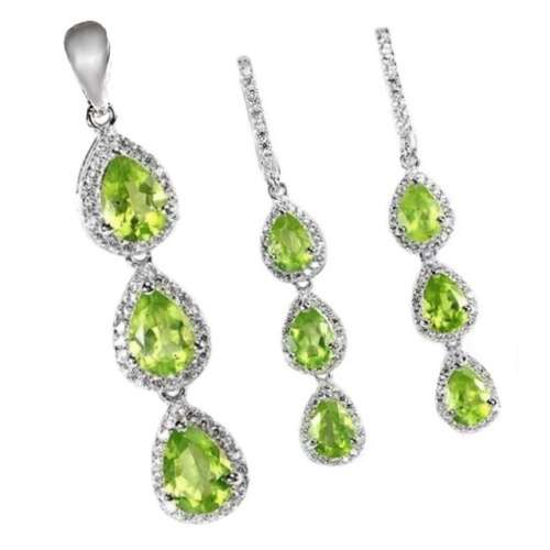 Deluxe Natural Peridot And AAA White CZ in Solid .925 Sterling Silver Pendant and Earring Set