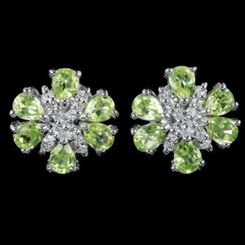 Natural Unheated Peridot, White Cubic Zirconia Gemstone Solid .925 Sterling Silver Earrings