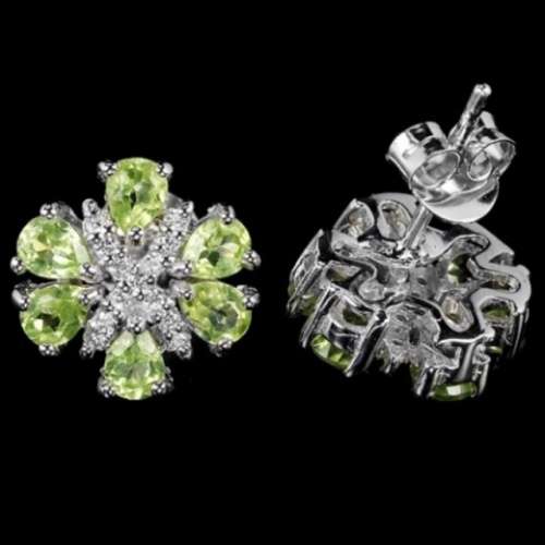 Natural Unheated Peridot, White Cubic Zirconia Gemstone Solid .925 Sterling Silver Earrings