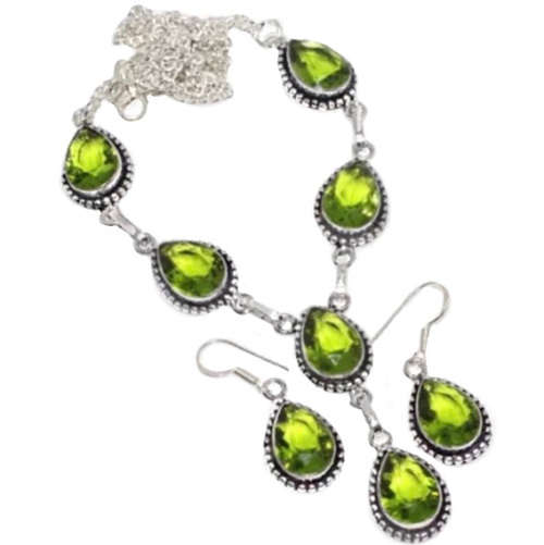 Faceted Peridot  Pears set in .925 Sterling Silver Plated Handmade Necklace & Earrings Set