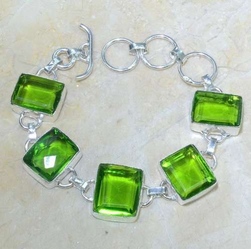 Peridot Rectangle Shape set in .925 Sterling Silver Plated Handmade Bracelet