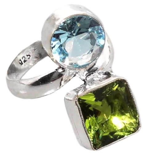 Peridot and Blue Topaz Gemstone set in .925 Sterling Silver Plater Handmade Ring Size US 6 / M