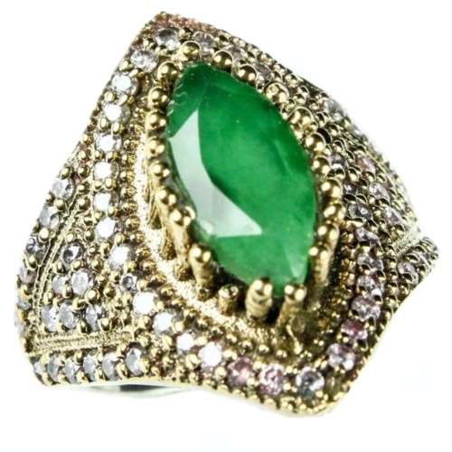 Clearance - Two Tone Handmade Turkish Emerald, White Topaz Silver Plated Ring Size 8