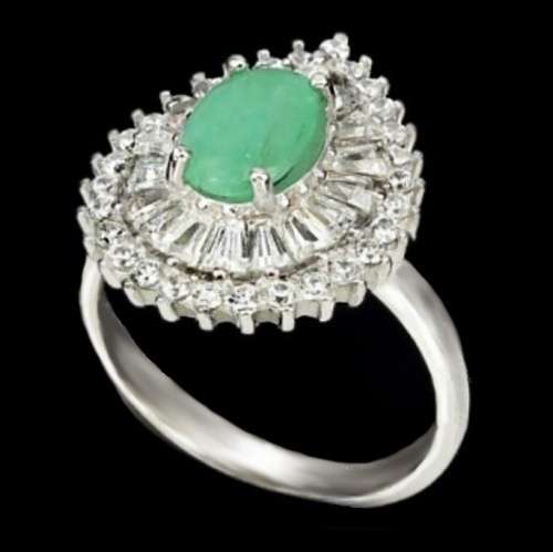 25.80 Cts Natural Zambian Emerald, Cubic Zirconia Solid .925 Silver Size 7 or O