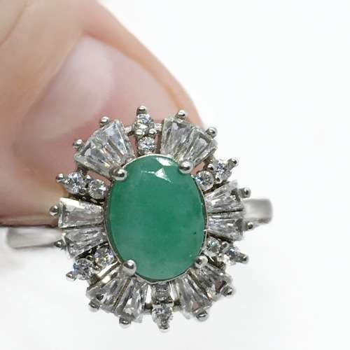 Breathtaking Natural Zambian Emerald, Cubic Zirconia Solid .925 Silver 14K White Gold Ring Size 7/O