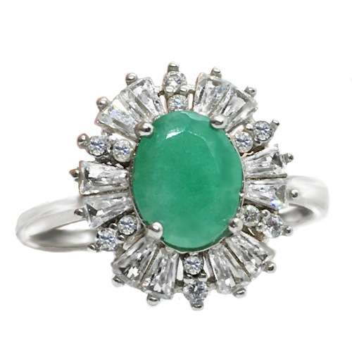 Breathtaking Natural Zambian Emerald, Cubic Zirconia Solid .925 Silver 14K White Gold Ring Size 7/O