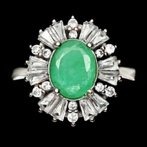 Breathtaking Natural Zambian Emerald, Cubic Zirconia Solid .925 Silver 14K White Gold Ring Size 7/O