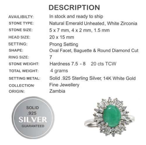 Breathtaking Natural Zambian Emerald, Cubic Zirconia Solid .925 Silver 14K White Gold Ring Size 7/O