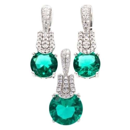 Breathtaking AAA+  Green , White Cubic Zirconia  Solid .925 Silver 14K W/Gold Pendant and Earrings