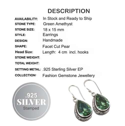 Antique Style Faceted Green Amethyst Pears Gemstone .925 Silver Earrings