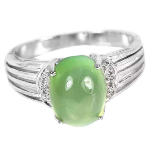 Natural Australian Moss Prehnite and Cubic Zirconia Set Solid .925 Sterling Silver Ring Size 7 or O