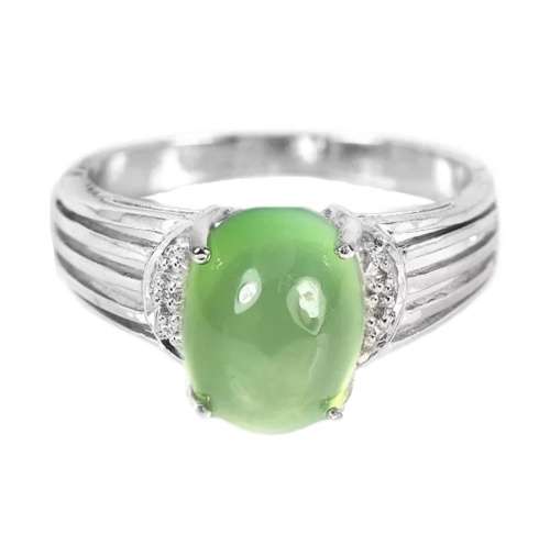 Natural Australian Moss Prehnite and Cubic Zirconia Set Solid .925 Sterling Silver Ring Size 7 or O