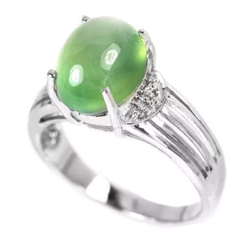 Natural Australian Moss Prehnite and Cubic Zirconia Set Solid .925 Sterling Silver Ring Size 7 or O