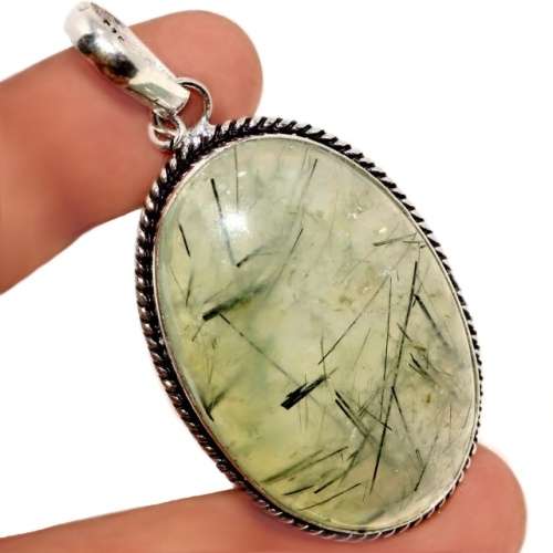 Natural Scottish Moss Prehnite Gemstone .925 Sterling Silver Plated Handmade Pendant