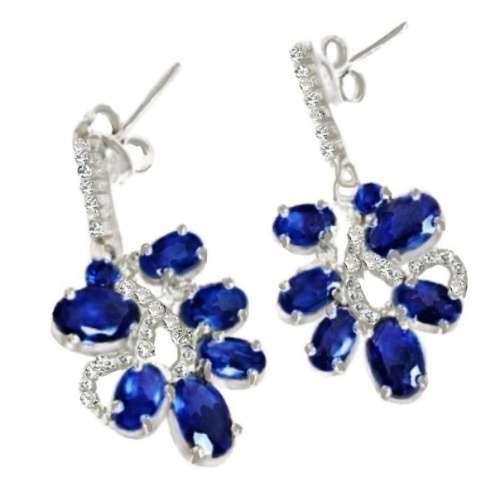 Dainty Blue Sapphire & White Cubic Zirconia in Solid .925 Sterling Silver Stud Drop Dangle Earrings