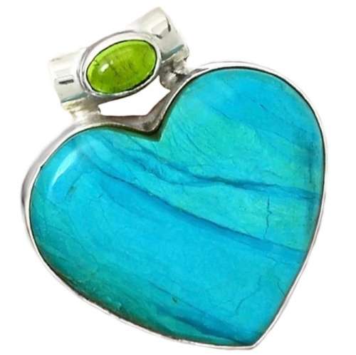 Very scarce - Genuine Peruvian Blue Opal, Peridot Gemstone Solid .925 Sterling Silver Pendant