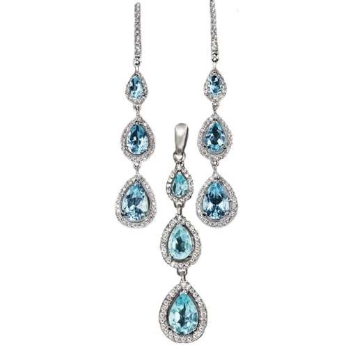 Deluxe Natural Blue Topaz Diamond Cut CZ Solid  925 Sterling Silver Pendant and Earrings Set