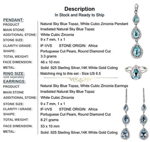 Deluxe Natural Blue Topaz Diamond Cut CZ Solid  925 Sterling Silver Pendant and Earrings Set