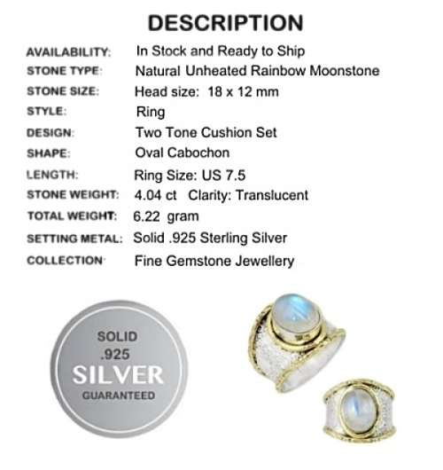 4.04 cts Natural Blue Schiller Rainbow Moonstone Solid .925 Sterling Silver Ring Size 7.5 or P