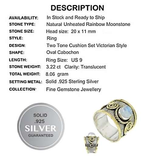 3.22 cts Natural Blue Schiller Rainbow Moonstone Solid .925 Sterling Silver Ring Size 9 or R1/2