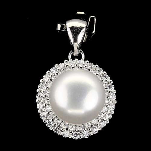 16 cts Deluxe Natural White Pearl AAA White Cz in Solid .925 Sterling Silver 14K W/Gold Pendant